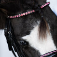 Load image into Gallery viewer, Lumiere Fairyfloss Bridle - close-up of the pink crystal browband on a dark pony