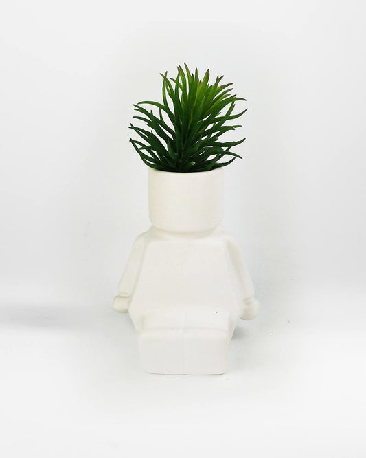 Block Man Sitting Planter White 14cm