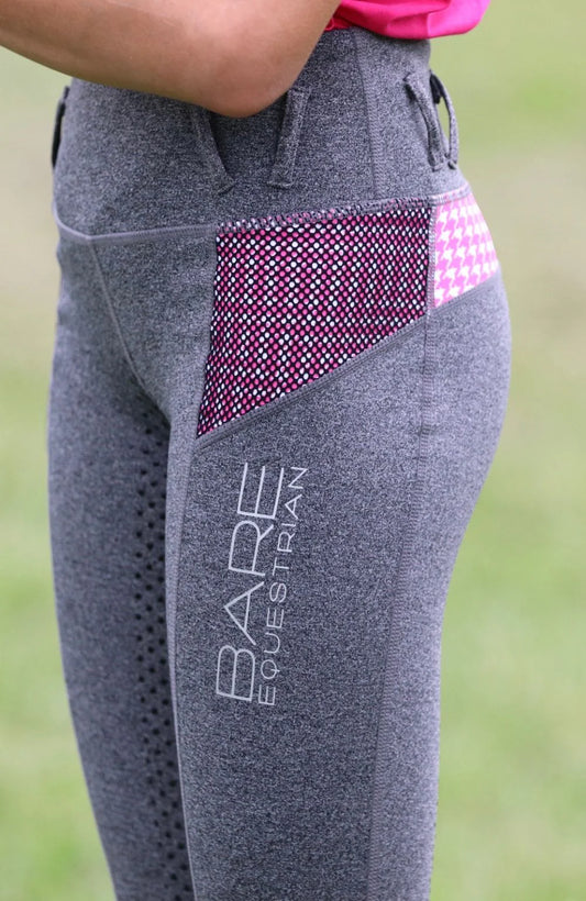 BARE Youth Performance Riding Tights - Grey with Pink Houndstooth