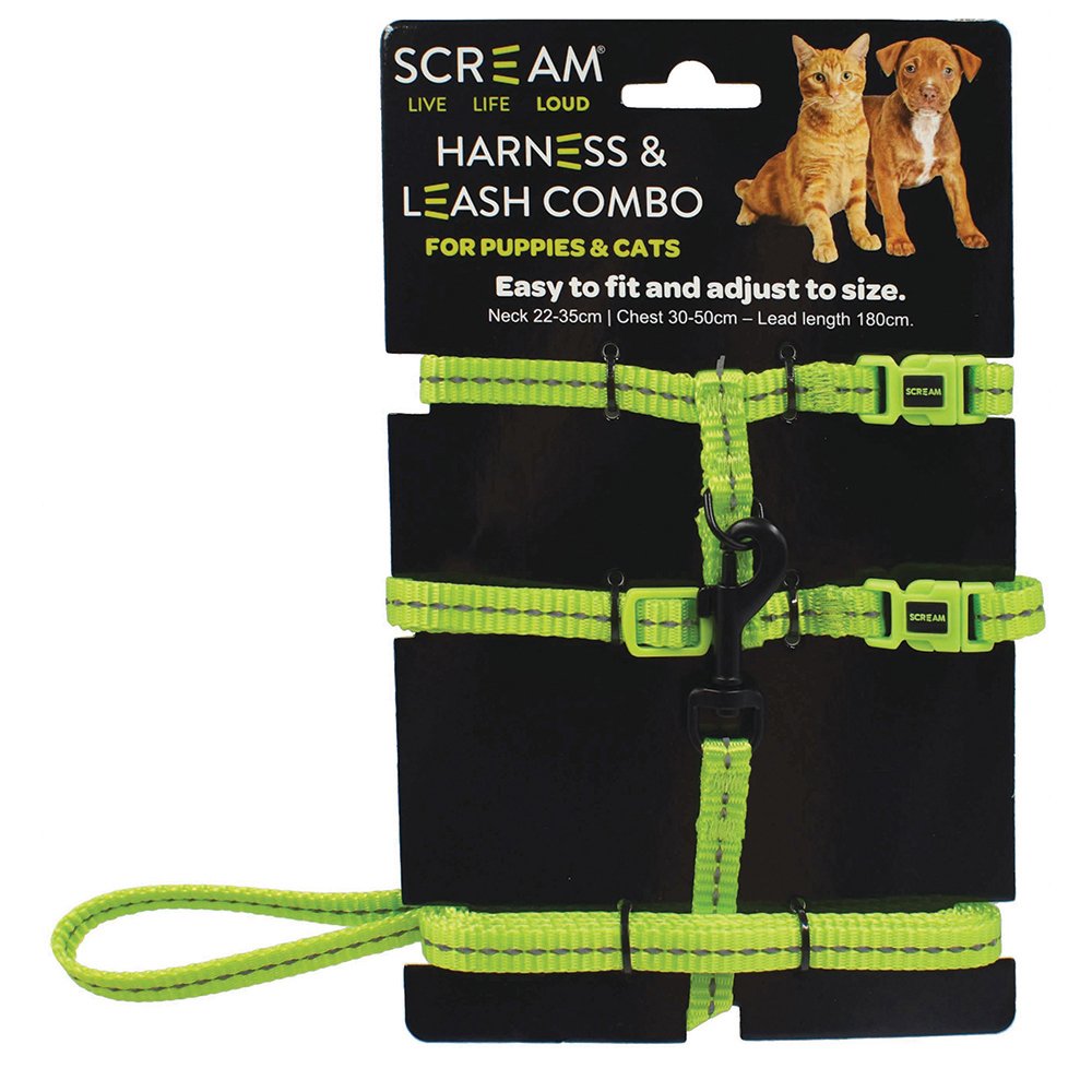 Scream REFLECTIVE ADJ. NYLON CAT/PUPPY 1cm HARNESS w/LEASH