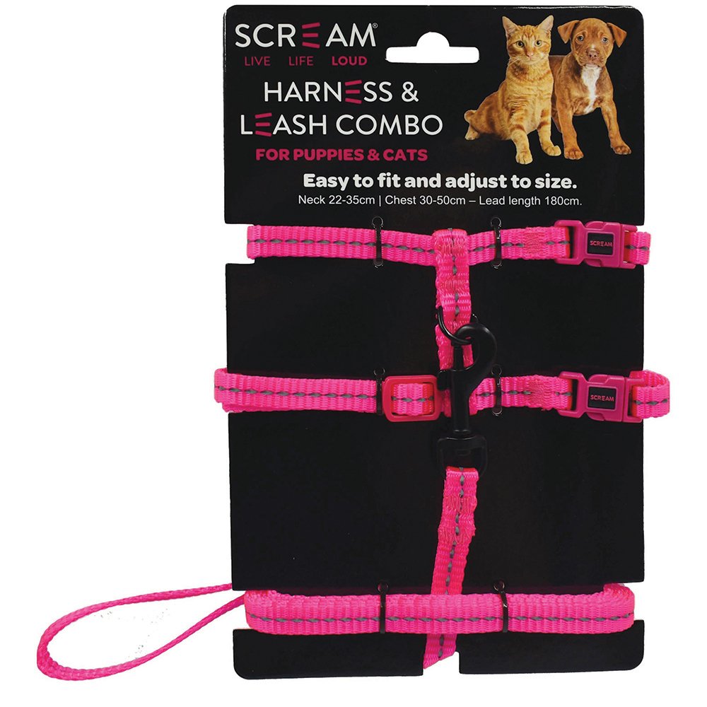 Scream REFLECTIVE ADJ. NYLON CAT/PUPPY 1cm HARNESS w/LEASH