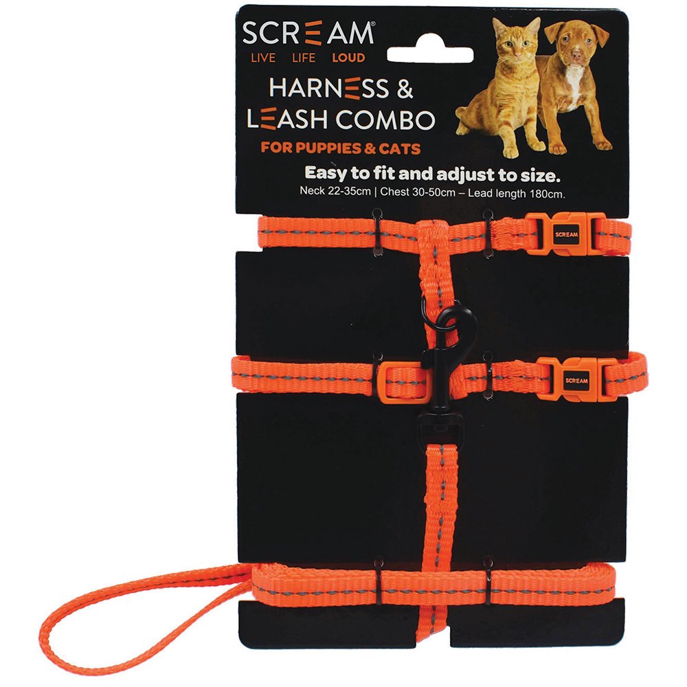 Scream REFLECTIVE ADJ. NYLON CAT/PUPPY 1cm HARNESS w/LEASH