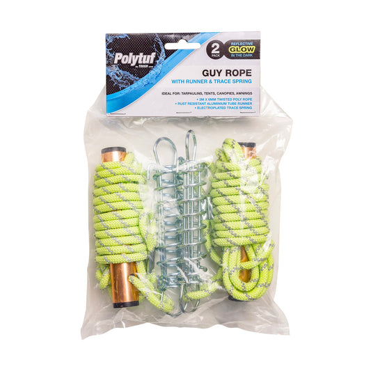 PolyTuf Guy Rope - Glow & Reflective W/Runner 6mm x 3m  2Pk