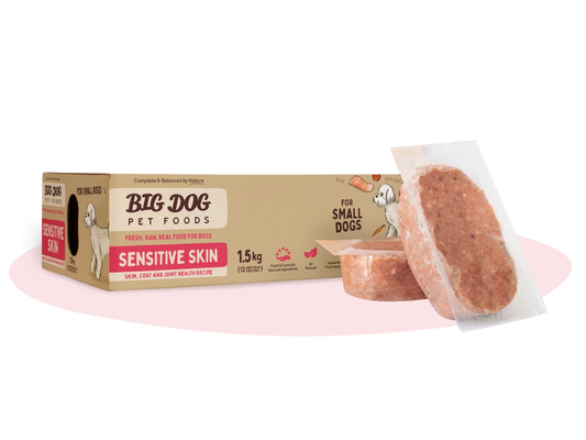 Big Dog Sensitive Skin Raw Dog Food for Small Dogs 1.5kg pack shown at an angle with patties
