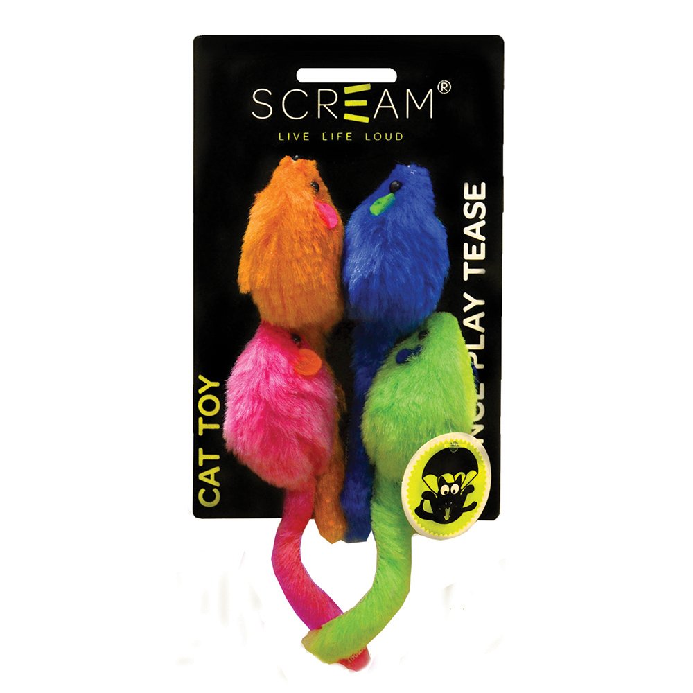 Scream MULTI-COLOURED MICE CAT TOY 4pk - 11cm