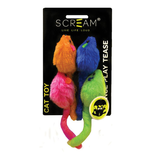 Scream MULTI-COLOURED MICE CAT TOY 4pk - 11cm