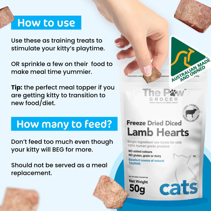 The Paw Grocer - Freeze Dried Diced Lamb Hearts for Cats