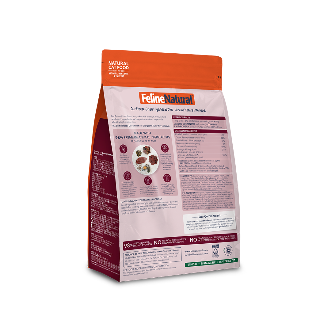 Feline Natural - Lamb & Venison Feast Freeze-Dried Cat Food 320g - back of pack