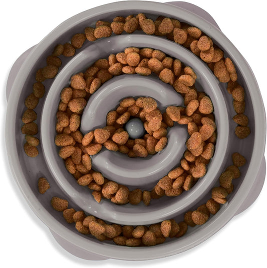 Outward Hound - Fun Feeder Slo Bowl - grey bowl filled with kibble
