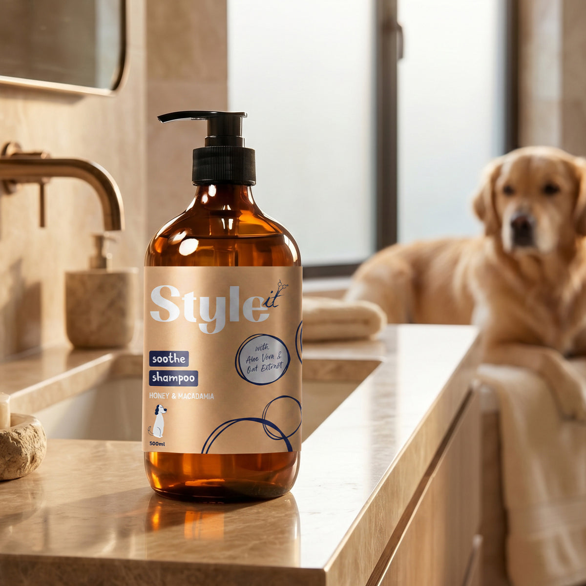 Style It - Honey & Macadamia Soothe Dog Shampoo 500ml - bottle on a bathroom bench with a dog