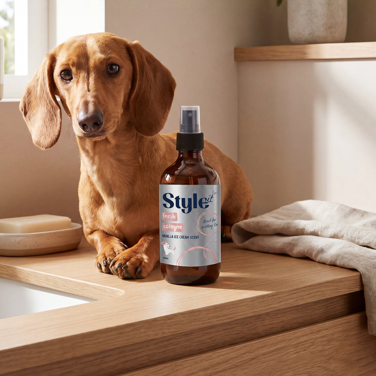 Style It - Vanilla Icecream Fresh Coat Dog Cologne 250ml - bottle on a bench with a dog