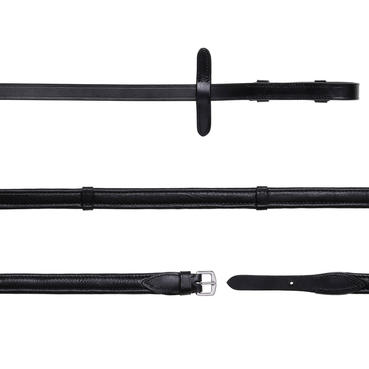 Lumiere Padded Nappa Leather Reins (Flat) Pony - black reins laid out in sections
