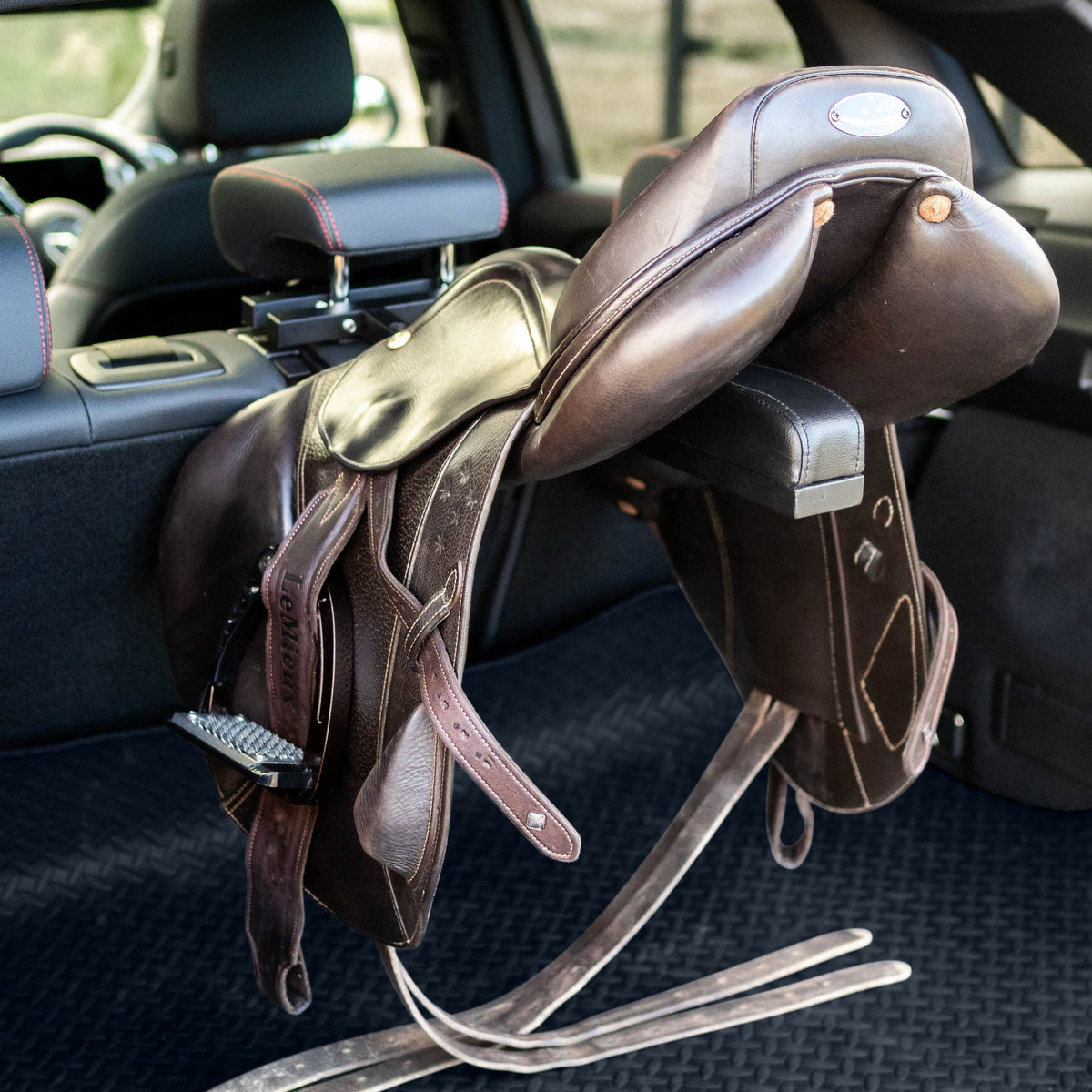 Lumiere Car Saddle Caddy - brown saddle on the caddy, second view