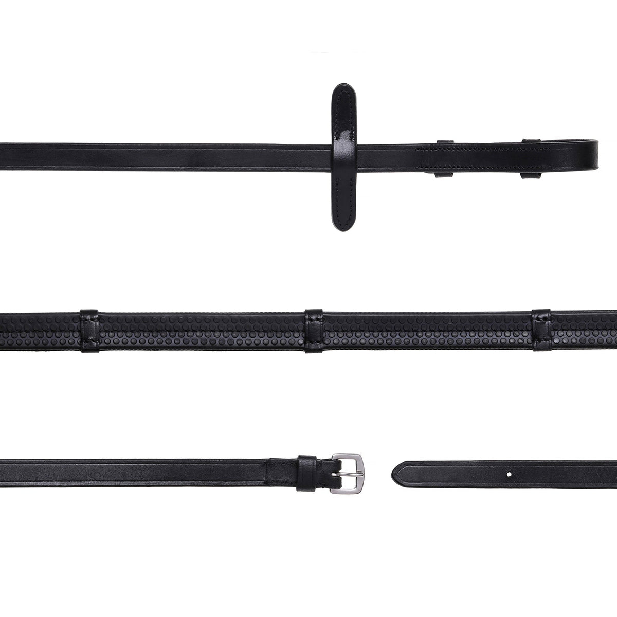Lumiere Leather & Rubber Grip Reins (Flat) Warmblood - black reins laid out in sections