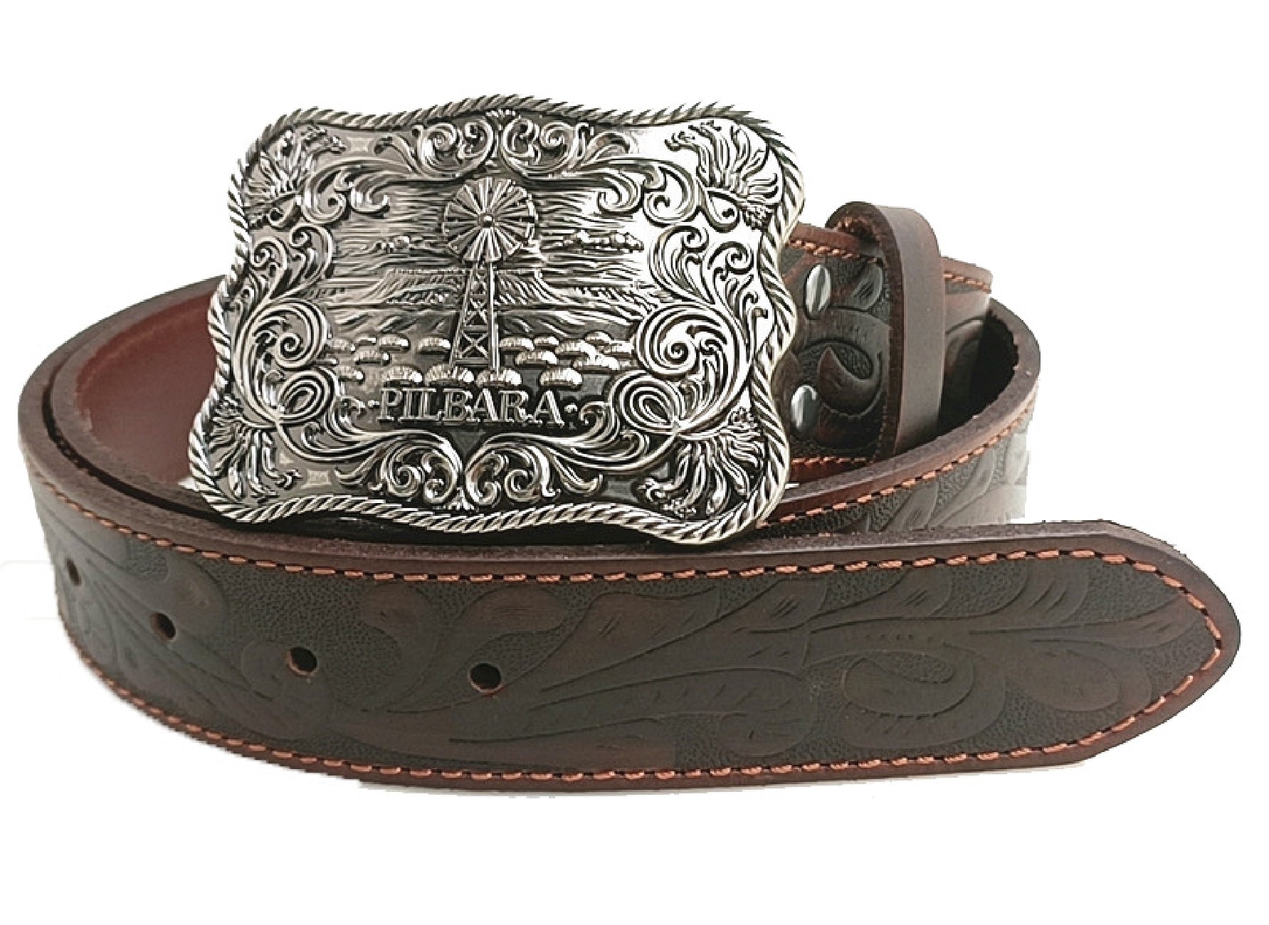 Pilbara - Western Rodeo Buckle Tooled Leather Belt Dark