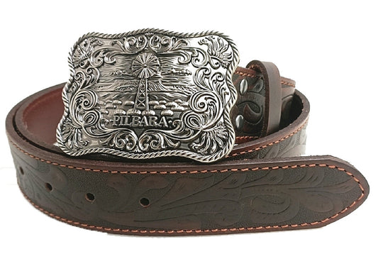 Pilbara - Western Rodeo Buckle Tooled Leather Belt Dark