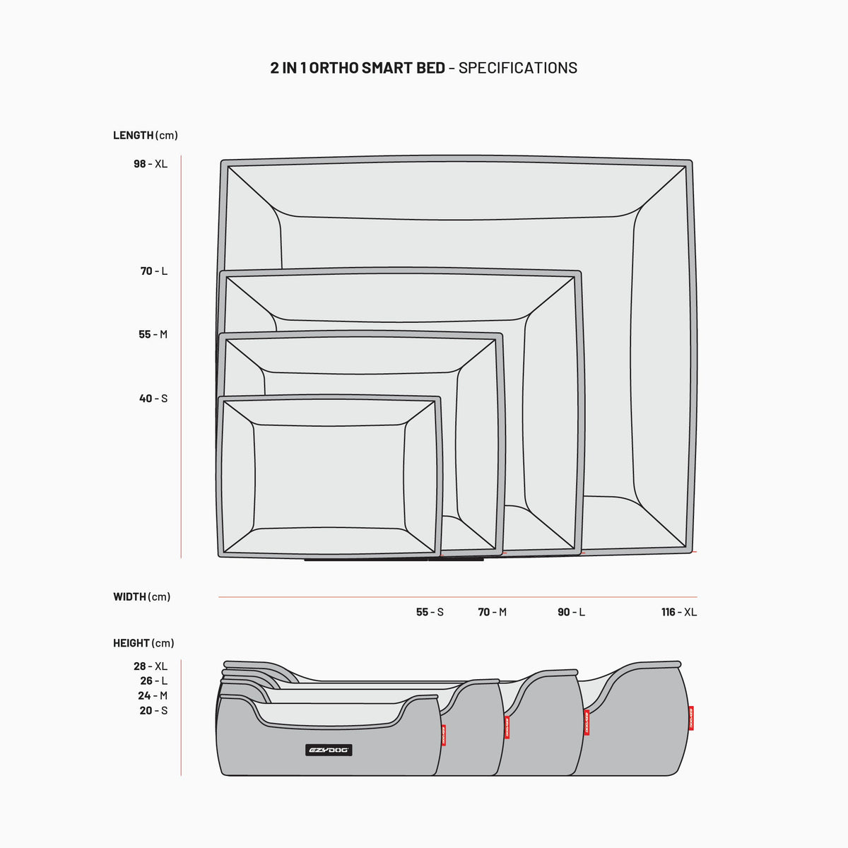 EzyDog - 2in1 Ortho Smart Bed - bed size specifications chart