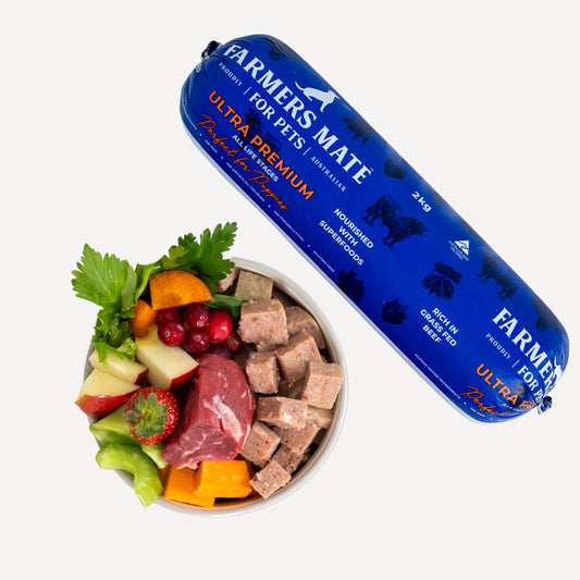 Farmers Mate - Ultra Premium Fresh Dog Food - roll with a bowl of fresh ingredients