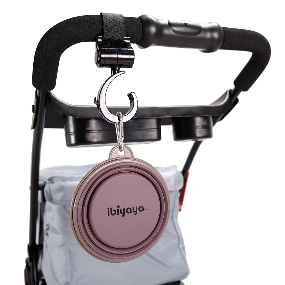 Ibiyaya - Quick Bite Collapsible Travel Bowl - Brown hanging by carabiner