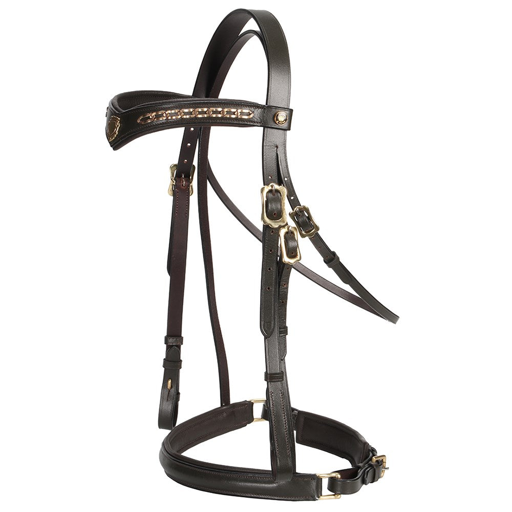 Jeremy & Lord - "V" Dressage Bridle - brown bridle, three-quarter view