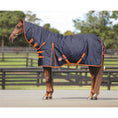 Load image into Gallery viewer, Kozy - 1200D Lite Rainsheet Combo - Navy/Orange - bay horse standing in the combo, side view
