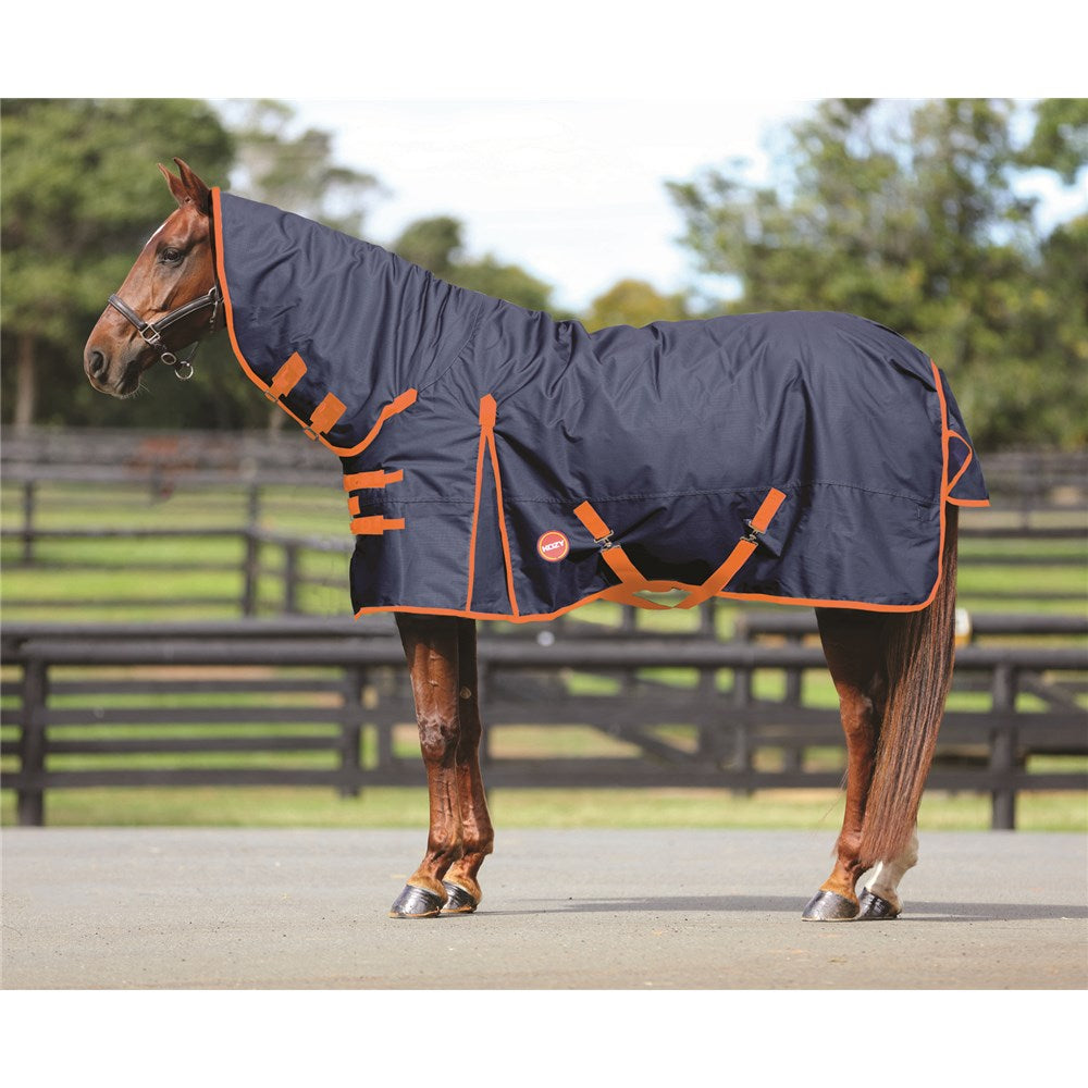 Kozy - 1200D Lite Rainsheet Combo - Navy/Orange - bay horse standing in the combo, side view