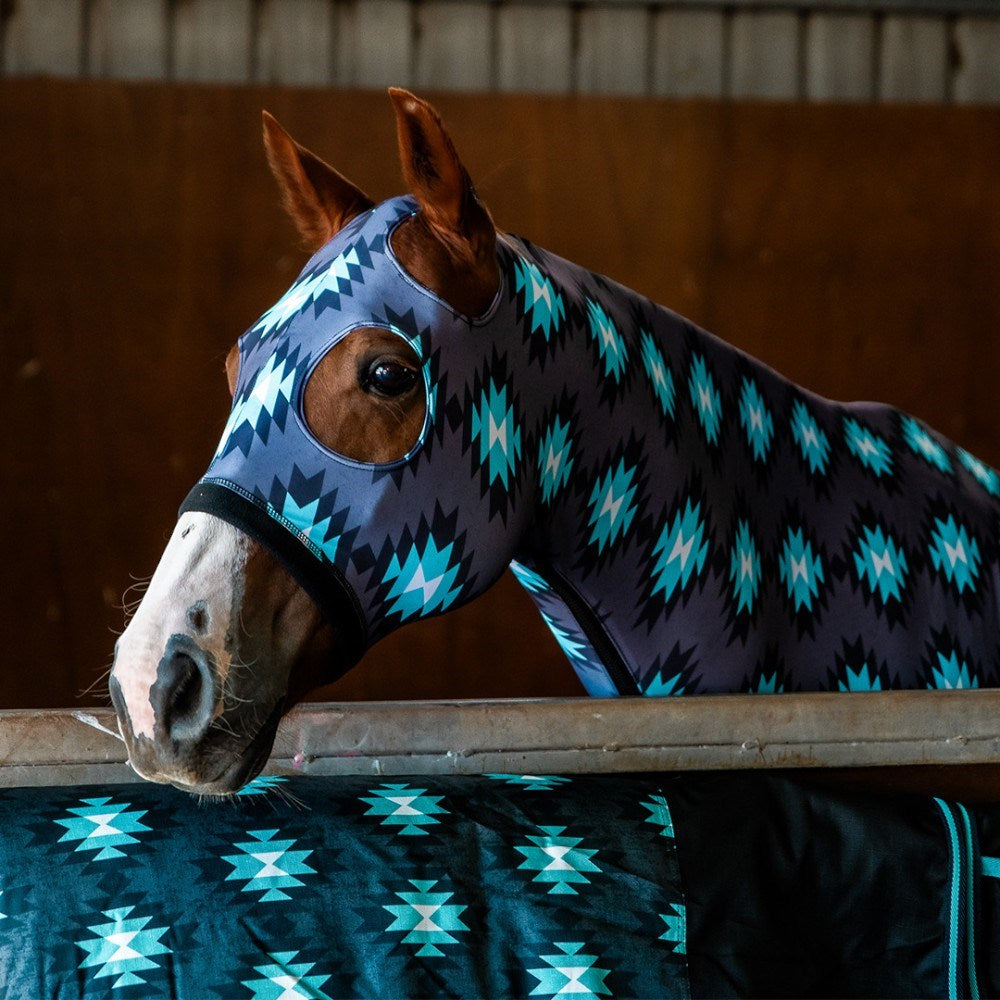 Kozy - Lycra Slinky Hood - Aztec/Turquoise - worn by a horse in a stable