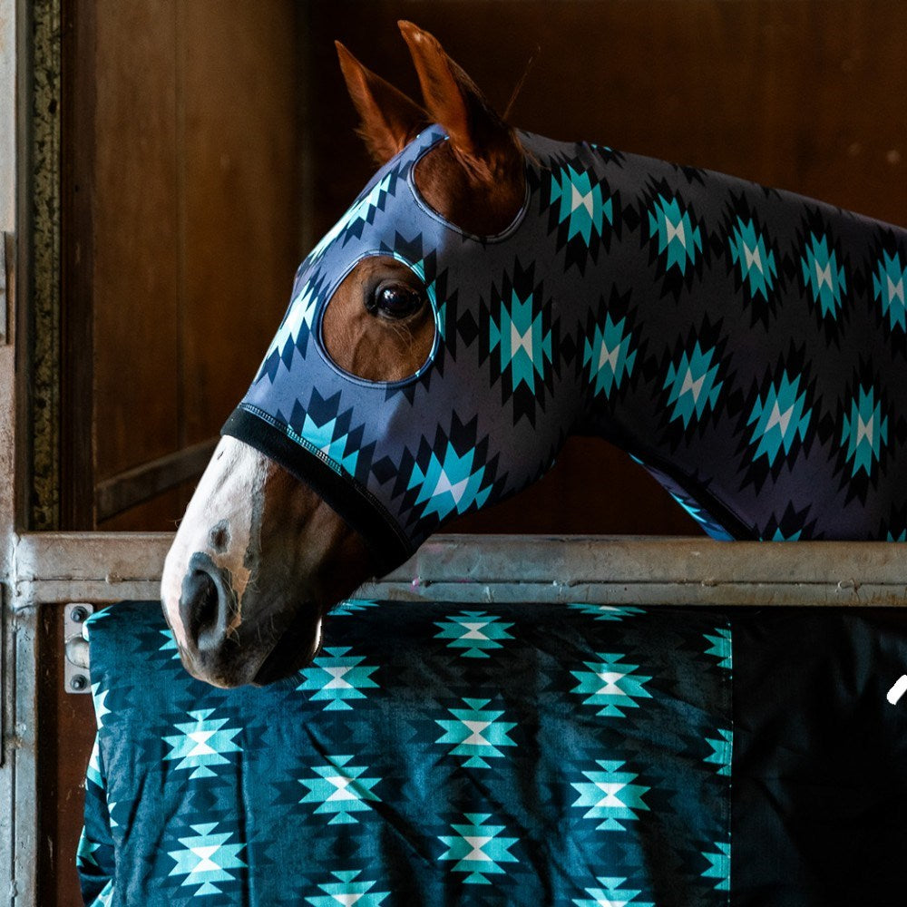 Kozy - Lycra Slinky Hood - Aztec/Turquoise - close-up on a horse with matching rug