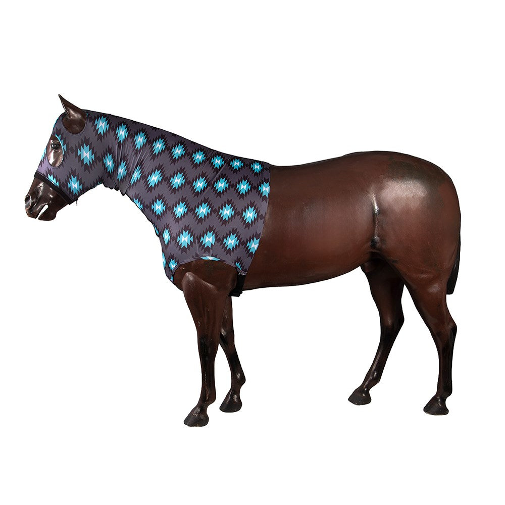 Kozy - Lycra Slinky Hood - Aztec/Turquoise - side view on a model horse
