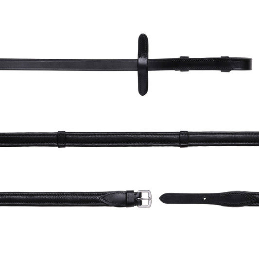 Lumiere Padded Nappa Leather Reins (Flat) - black reins laid out in sections showing the fittings